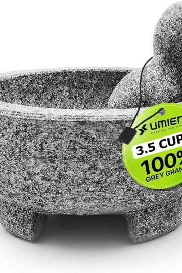 Umien Granite Mortar and Pestle Set - 8-Inch Natural Stone Molcajete with Avocado Tool - 3.5 Cup Capacity for Spices, He