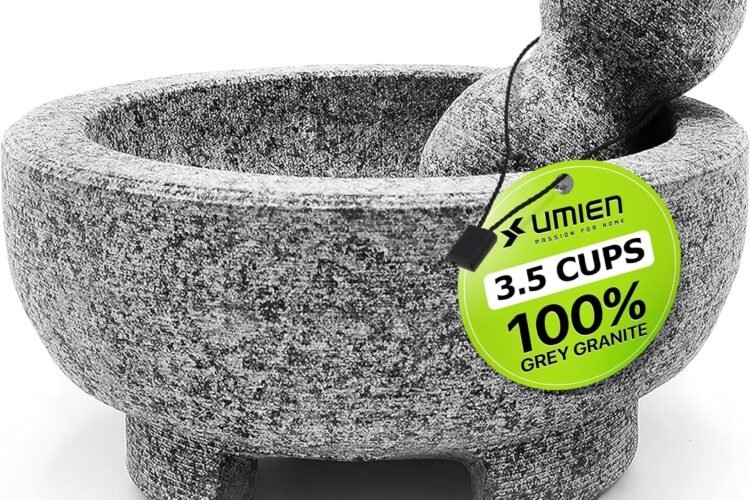 Umien Granite Mortar and Pestle Set - 8-Inch Natural Stone Molcajete with Avocado Tool - 3.5 Cup Capacity for Spices, He