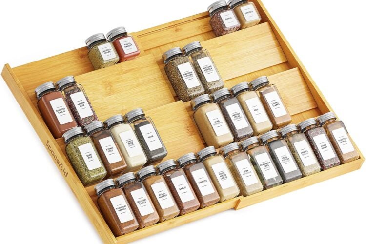 SpaceAid Bamboo Spice Drawer Organizer, (Need 3" Deep Drawer) Expandable 4 Tier Spices Rack for Cabinet, Kitchen Seasoni