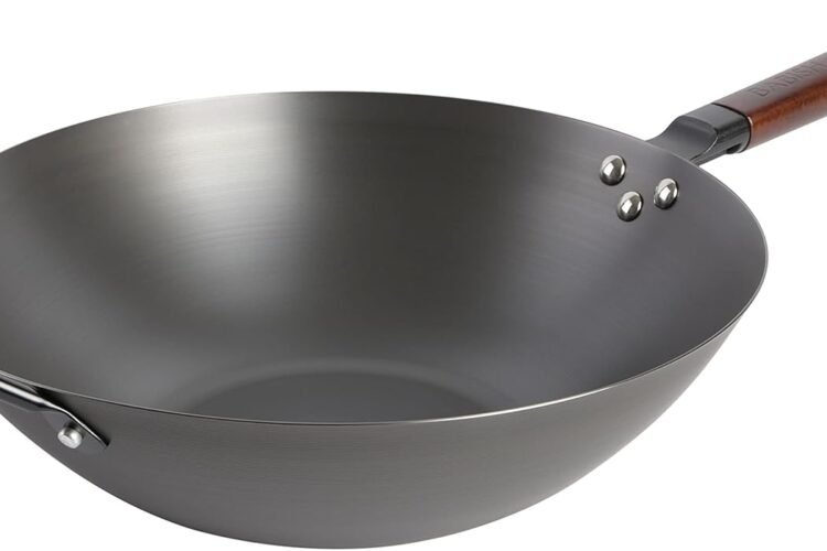 Babish Carbon Steel Wok 14 Inch Flat Bottom Stir Fry Pan Durable Heavy Duty Cookware for High Heat Cooking Stir Fry Saut